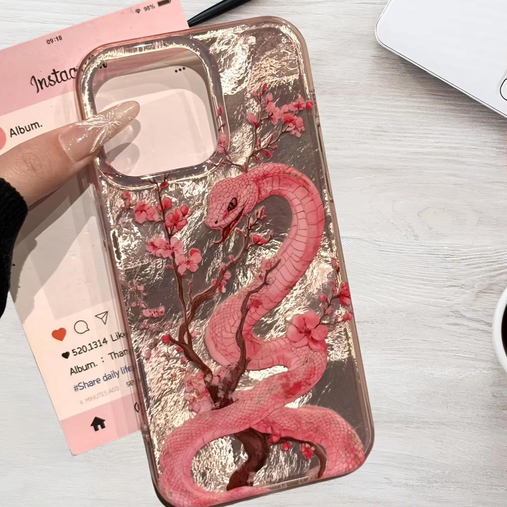 Illustration Plum Blossom Pink Snake Phone Case For iPhone 16 Pro Max 15 14 Plus 13 12 11 XS X XR 7 8 16 Plus SE 2022 16E Cover
