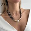 Fabric Necklace with Metallic Beads Leopard Print Scarf Choker, Faux Pearl Beads, Soft Adjustable Velvet Choker Fashion Jewelry for Women Daily