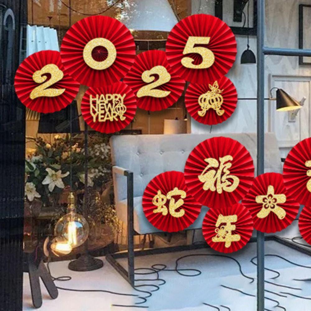 Happiness 2025 Spring Festival Paper Fan Flower Snake Year Chinese New Year Paper Fan  Household