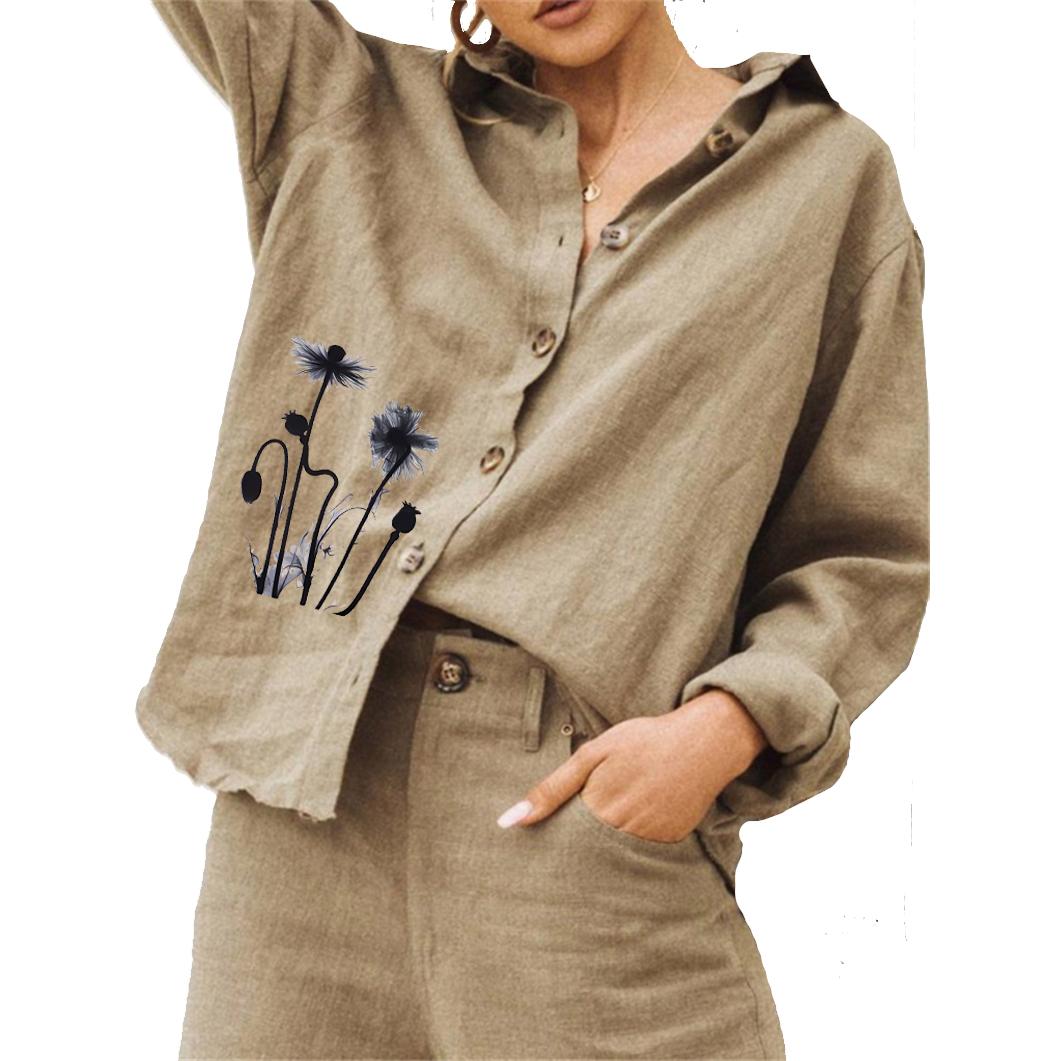 

Женская модная блузка с цветочным принтом, летняя и осенняя, из хлопка и льна, женская повседневная рубашка с длинными рукавами на пуговицах 3XL
