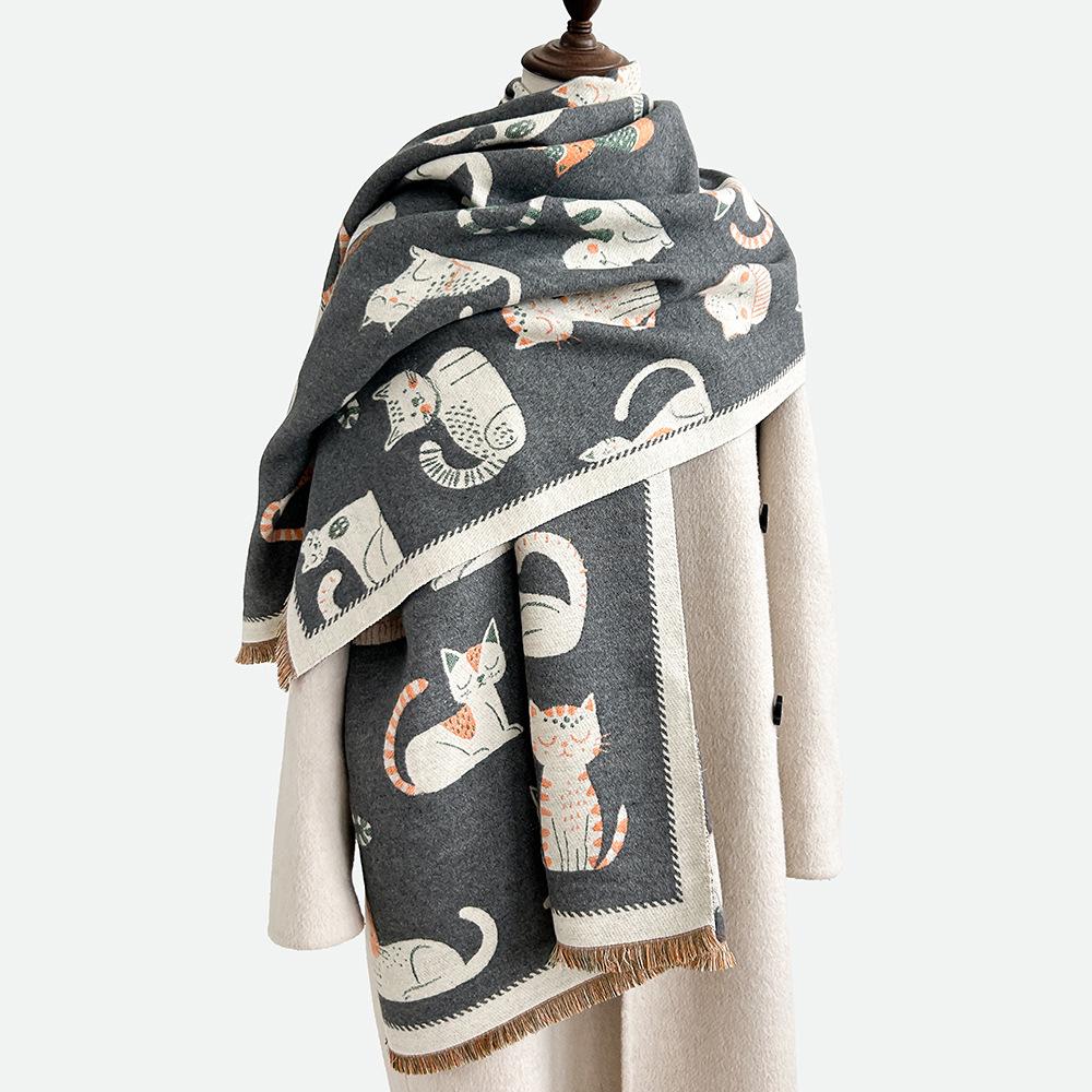 Double-Sided Cute Kitten Cashmere Scarf - Women's Fashion Winter Neck Warmer Shawl