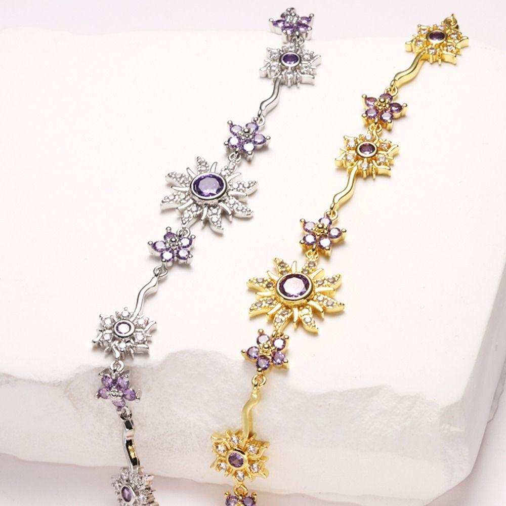 Luxury Sunflower Bracelet Exquisite Crystal Pink Cubic Zirconia Chain Sparkling Fashion Shiny Rhinestone Bangle Jewelry Gifts