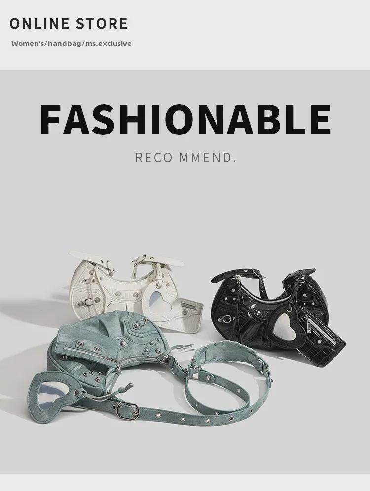 Geantă de motocicletă plisată Crescent pentru femei 2023, cu nituri și ciucuri