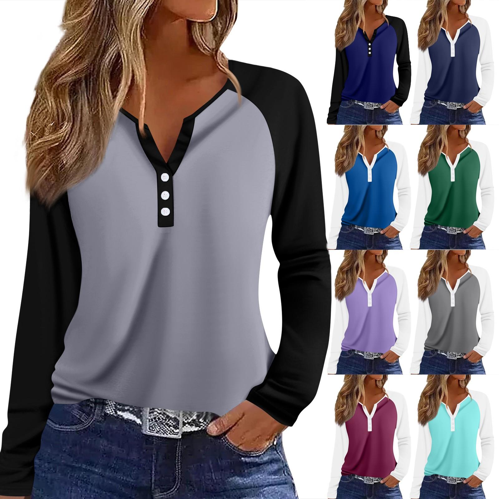 

Women s T Shirt Color Block Button Long Sleeve Daily Weekend Fashion Basic V- Neck Regular Top XL синій