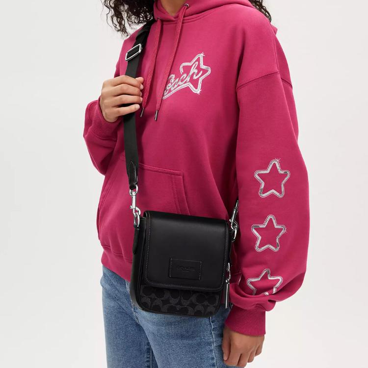Coach Lucas 15 Chiusura Magnetica Iconica in Denim e Pelle di Vitello Liscia Mini Borsa a Spalla Unisex Borsa a Spalla Argento Nero CO916-SVBK
