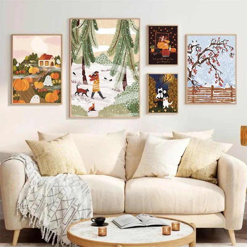 Modern Autumn Lovers Pumpkin Winter Forest Illustration Poster and Prints Canvas Printing Wall Art Picture for Living Room Decor