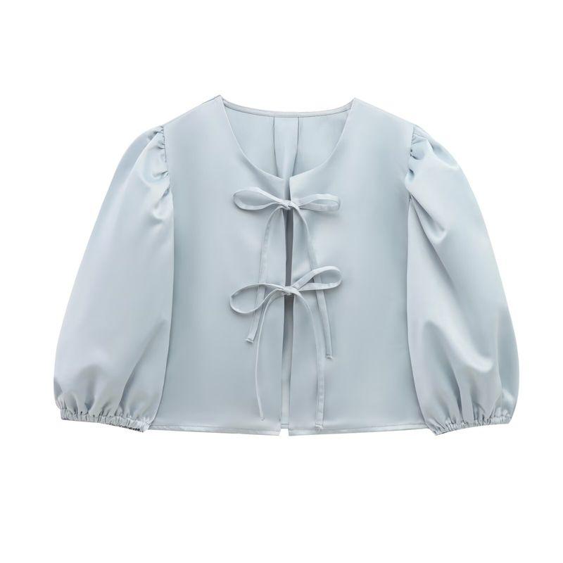 Kaslead New Arrival Women's Fashion Style Fashion Satin Puff Sleeves Bows Short Top