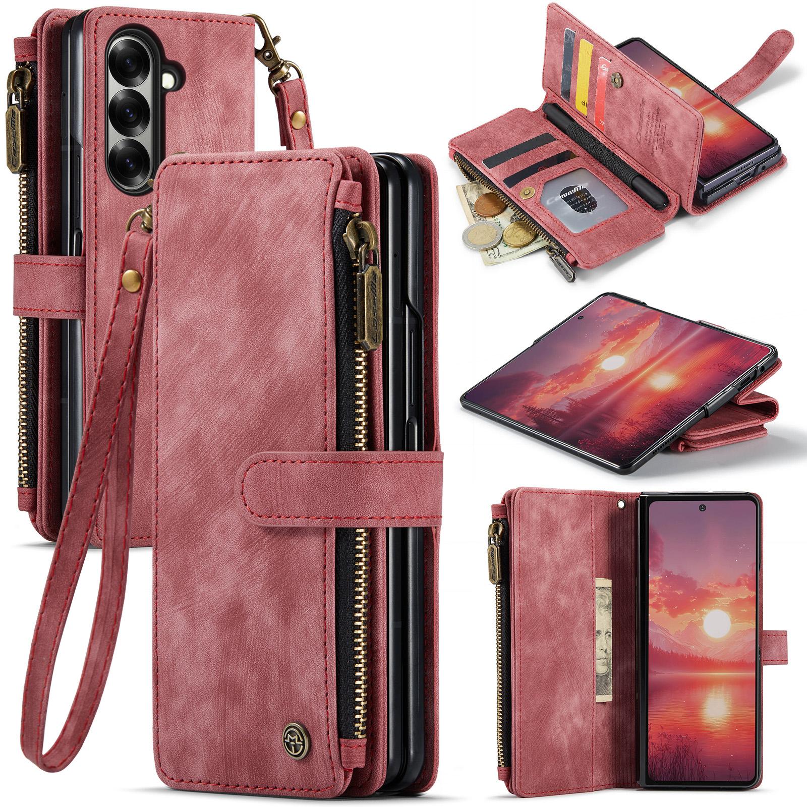 

For Samsung Galaxy Z Fold7 5G Phone Cases with Strap CASEME C30 Zipper Multiple Card Holder PU Leather Cover Red