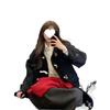 Women's Black Fleece-Lined Wool Coat with Horn Buttons - Korean Style, Petite, Mid-Length