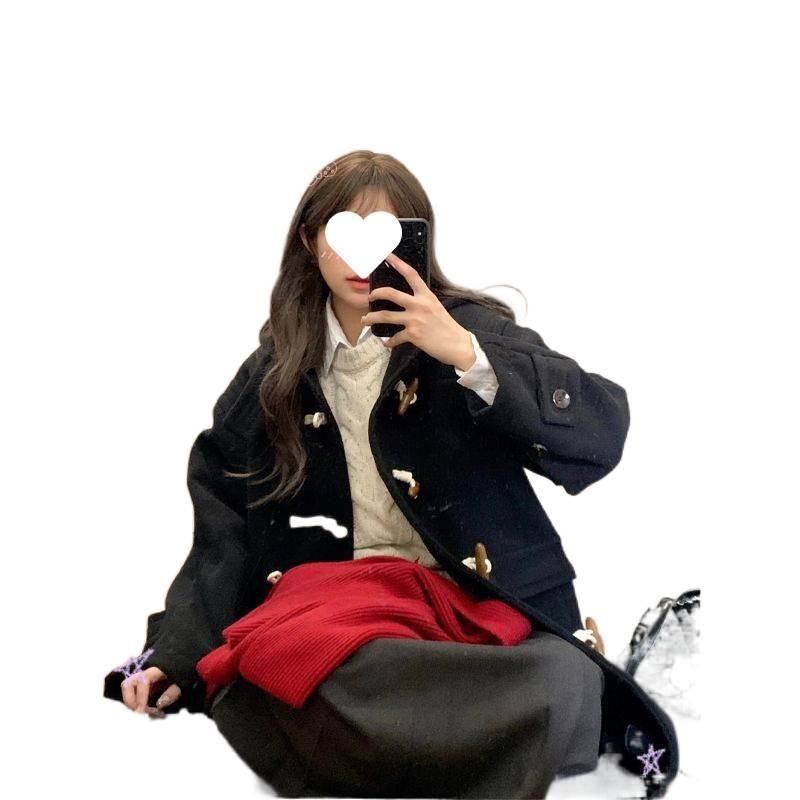 Women's Black Fleece-Lined Wool Coat with Horn Buttons - Korean Style, Petite, Mid-Length