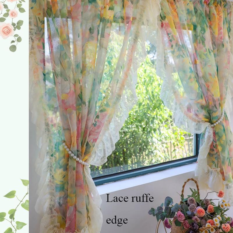 Romantic Floral Sheer Curtains for Girls Bedroom, Vintage Printed Light Filtering Privacy Semi-Sheer Sweet Ruffle Edge Curtains 2 Panels, Rod Pocket