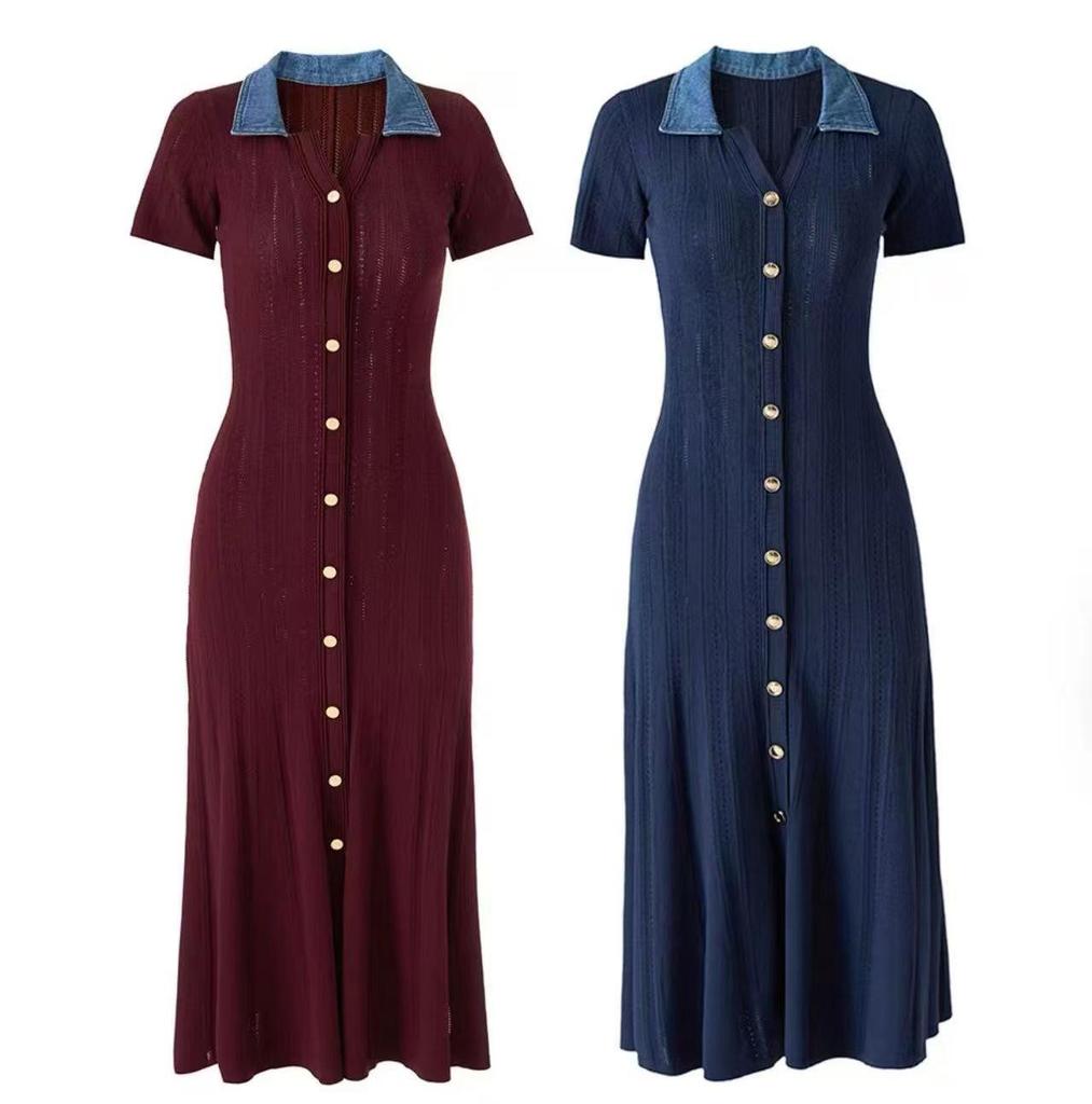 In Stock: S Brand 026 Summer French Women's Short Sleeve Elegant Knit Long Dress