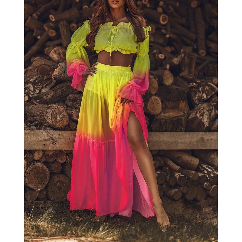 Women Sexy Casual Suit Sexy Dress Suit Vacation Style Long Sleeves off-the-Shoulder Tops