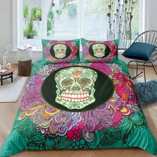 3D Printed Floral Skull Duvet Cover Set Mandala and Sugar Skull Bedding Sets Skeleton Bones Roses Floral Quilt Cover King Size