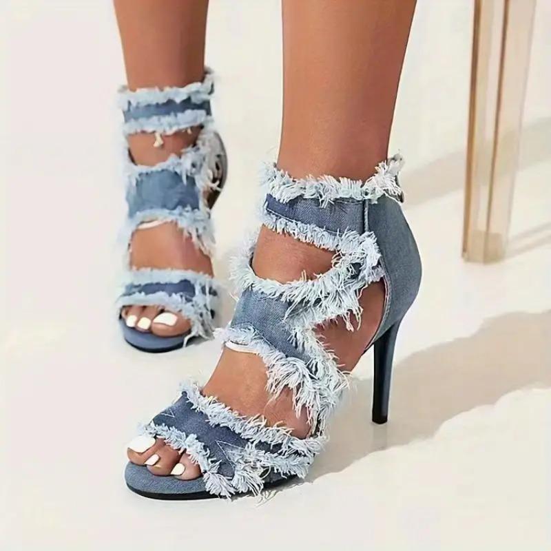 Open Toe Denim Women's Sandals Ankle Strap Stiletto Peep Toe Cutout Zipper High Heels Sandals Casual Daily Shoes Plus Size 43
