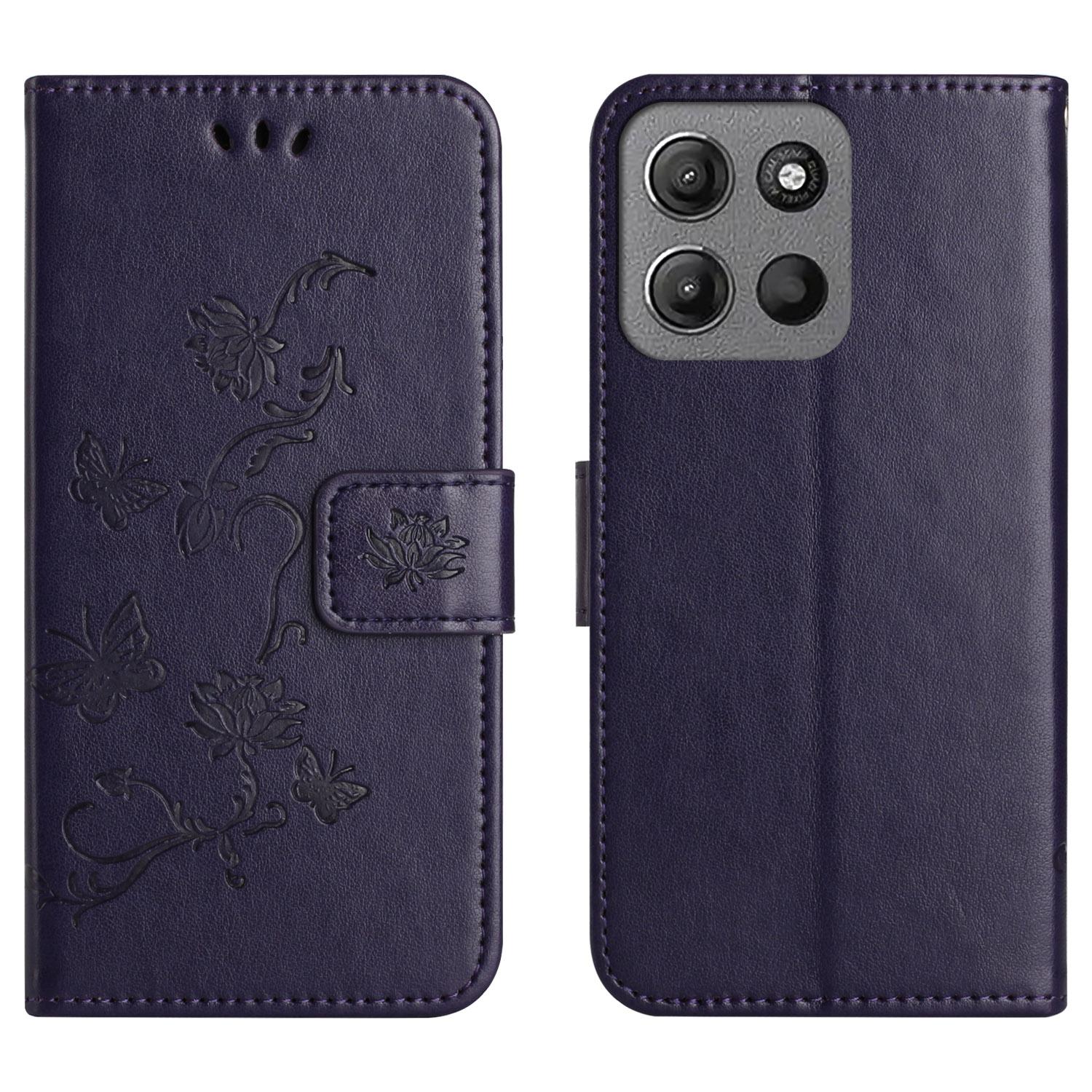 

For Motorola Moto G86 5G/G86 Power 5G Case Wallet Stand Imprinted Butterfly Flower PU Leather Phone Cover Dark Blue