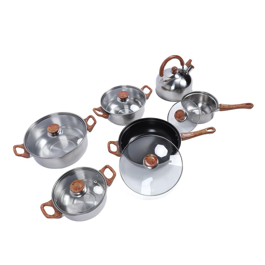 Stainless Steel Cookware Set Multifunctional Wooden Grain Kitchen Cookware Pots Pans Set with Kettle