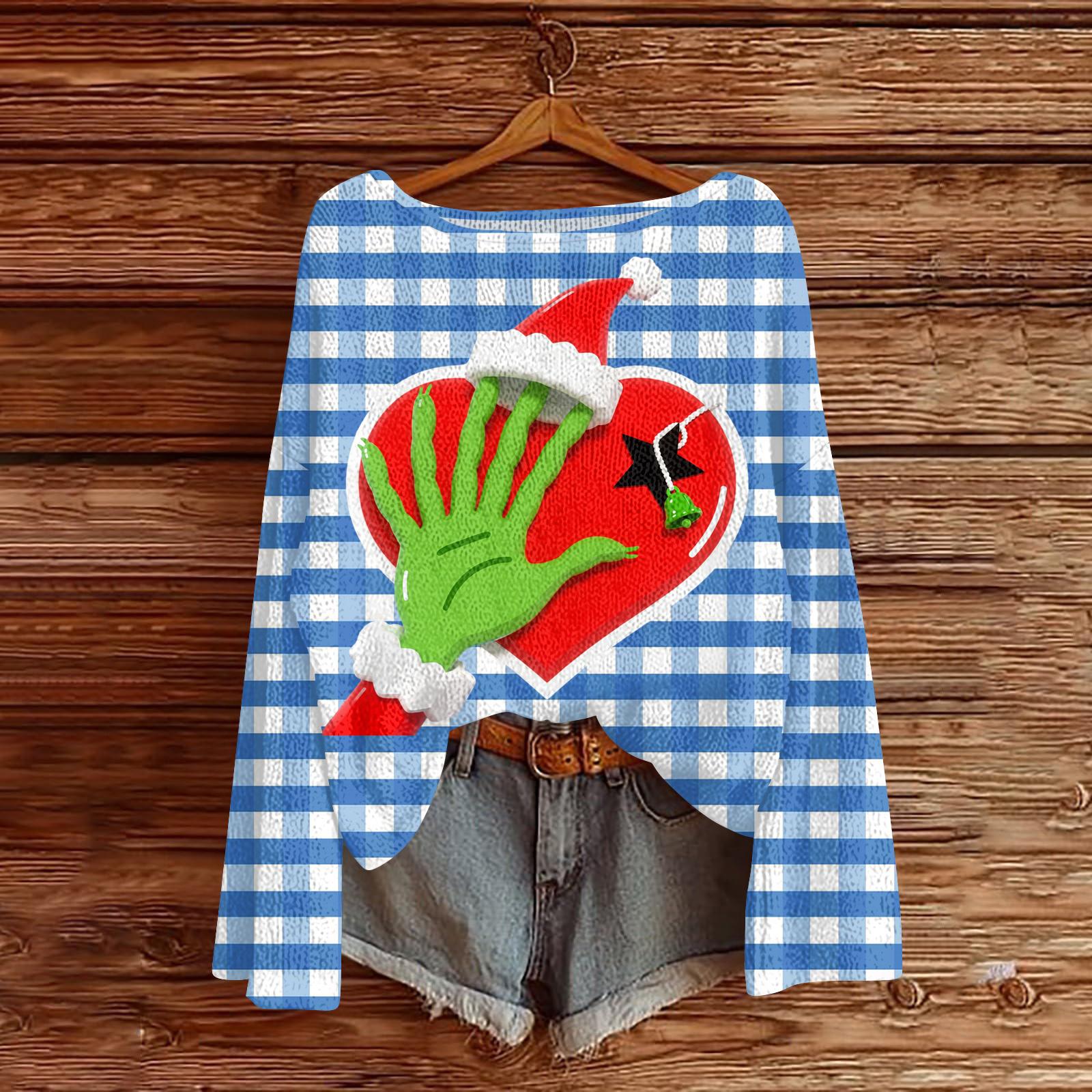 

Женский повседневный модный топ с круглым вырезом, рождественским принтом, длинным рукавом, вязаный пуловер M