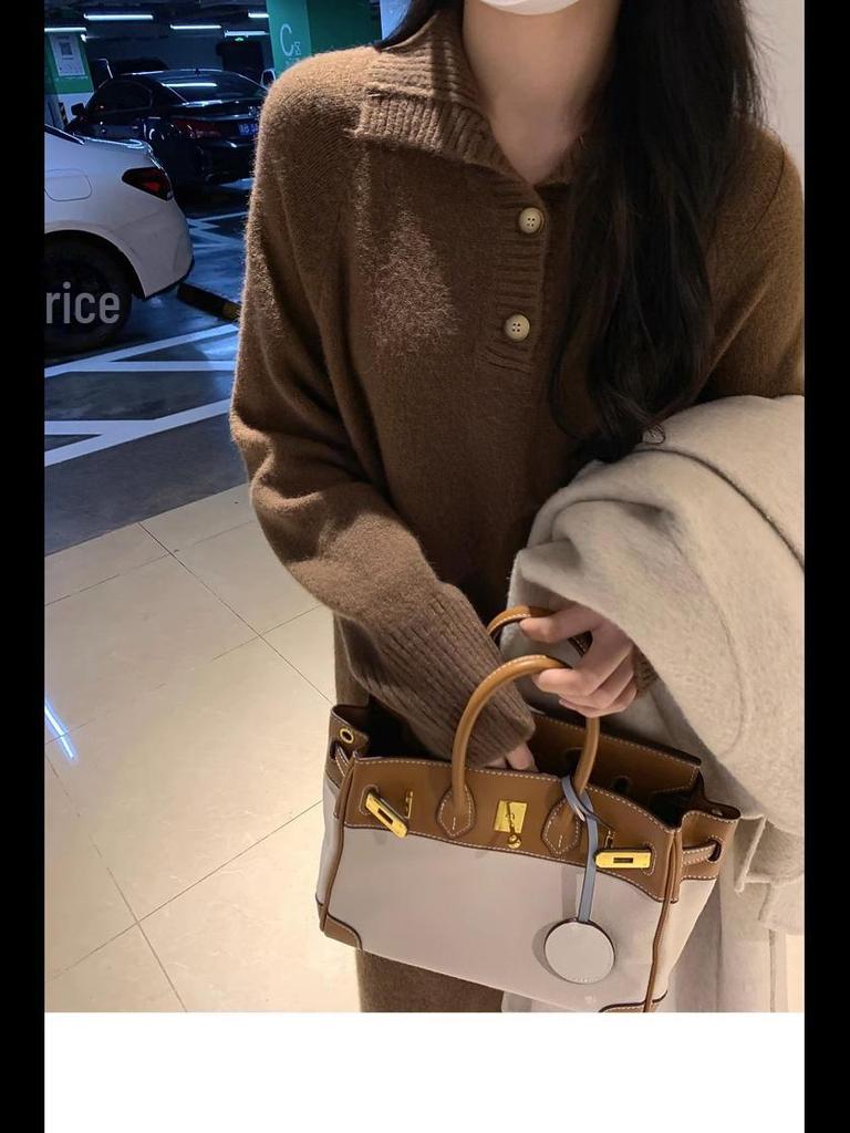 Women's French Knit Lapel Sweater Dress with Coat, Autumn/Winter Style - Loose, Long, Over-the-Knee, Thick Design