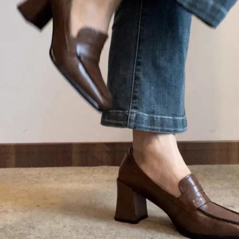 Autumn Women's High Heel Shoes New Fashion Shallow Square Toe Chunky Heel Slip On Shoes for Women Dress Students Mary Jane Shoes