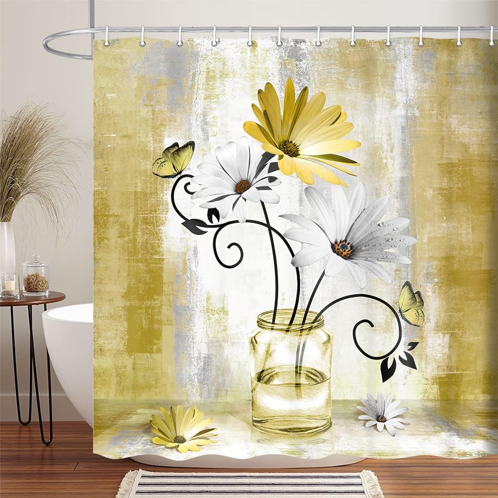 Rustic Yellow Floral Boho Shower Curtain with Daisy Flowers & Butterflies – Country Farmhouse Style, Grey Surreal Floral Design W90XH180cm