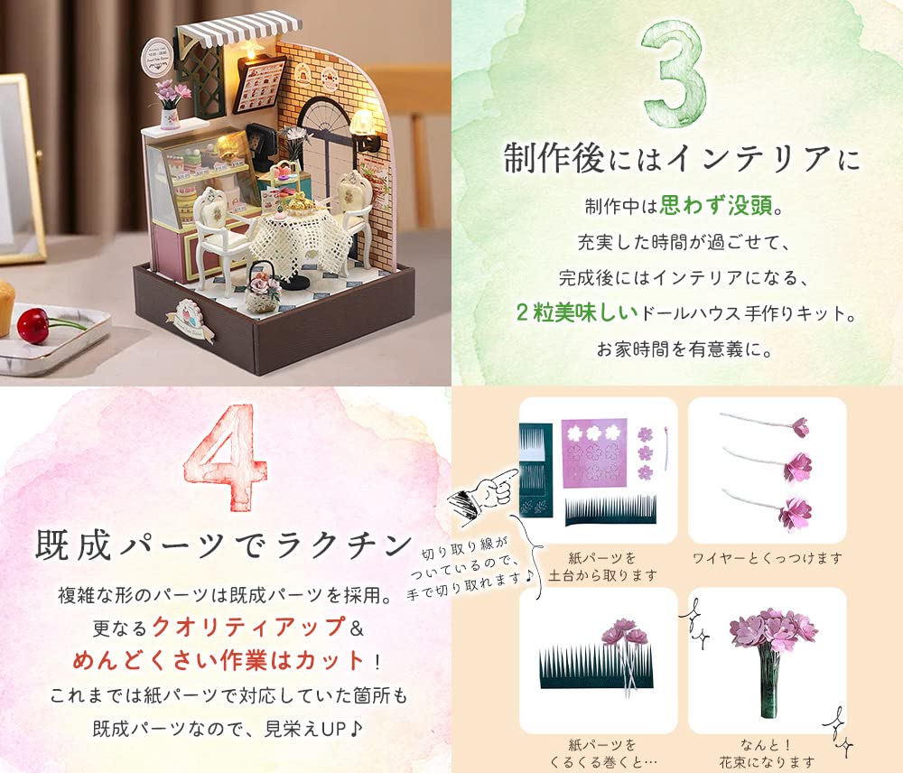 moin moin Dollhouse Miniature DIY Kit Set Instructions Coffee Cake Cube Box LED Light Acrylic Case Building Tools [English Included] Palm-Sized Cafe,