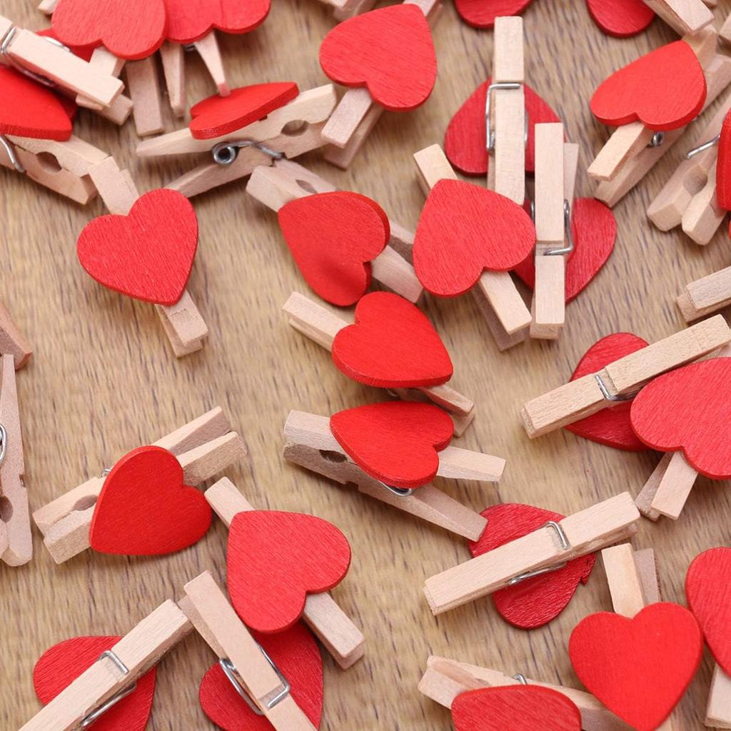 Kisangel 50pcs Mini Heart- Shaped Wooden Clips DIY Craft Clips Photo Paper Pegs for Photos Cards Paintings Scrapbookings Wedding Valentines Day Decor