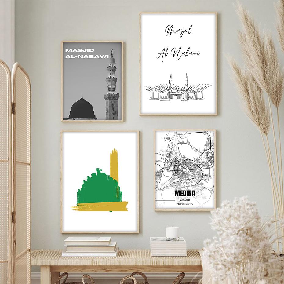 Islamic Medina Masjid Al-Nabawi Map Architecture Modern Poster Ramadan Muslim Wall Art Canvas Painting Print Home Decor