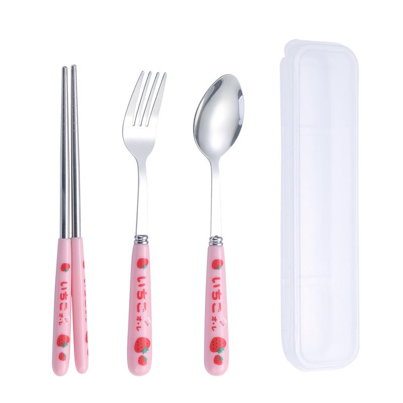 Ins Style Cartoon Stainless Steel Cutlery Set: Portable Chopsticks, Spoon & Fork for Students & Travel