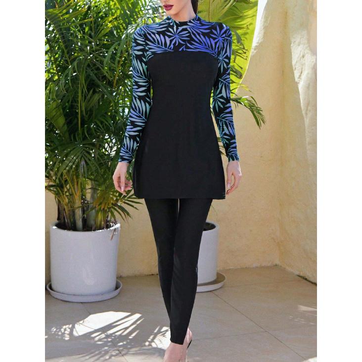 

Элегантный мусульманский женский купальник из двух частей с принтом листьев в сочетающейся цветовой гамме, купальный комплект с полной защитой, пляжная одежда, купальный комплект буркини, несколько цветов 3XL золотой