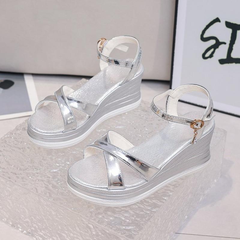 Fashion Gold Silver Pu Leather Wedges Sandals for Women Cross Band Crystal Ankle Buckle Party Shoes Thick Sole Chunky Platform Shoes