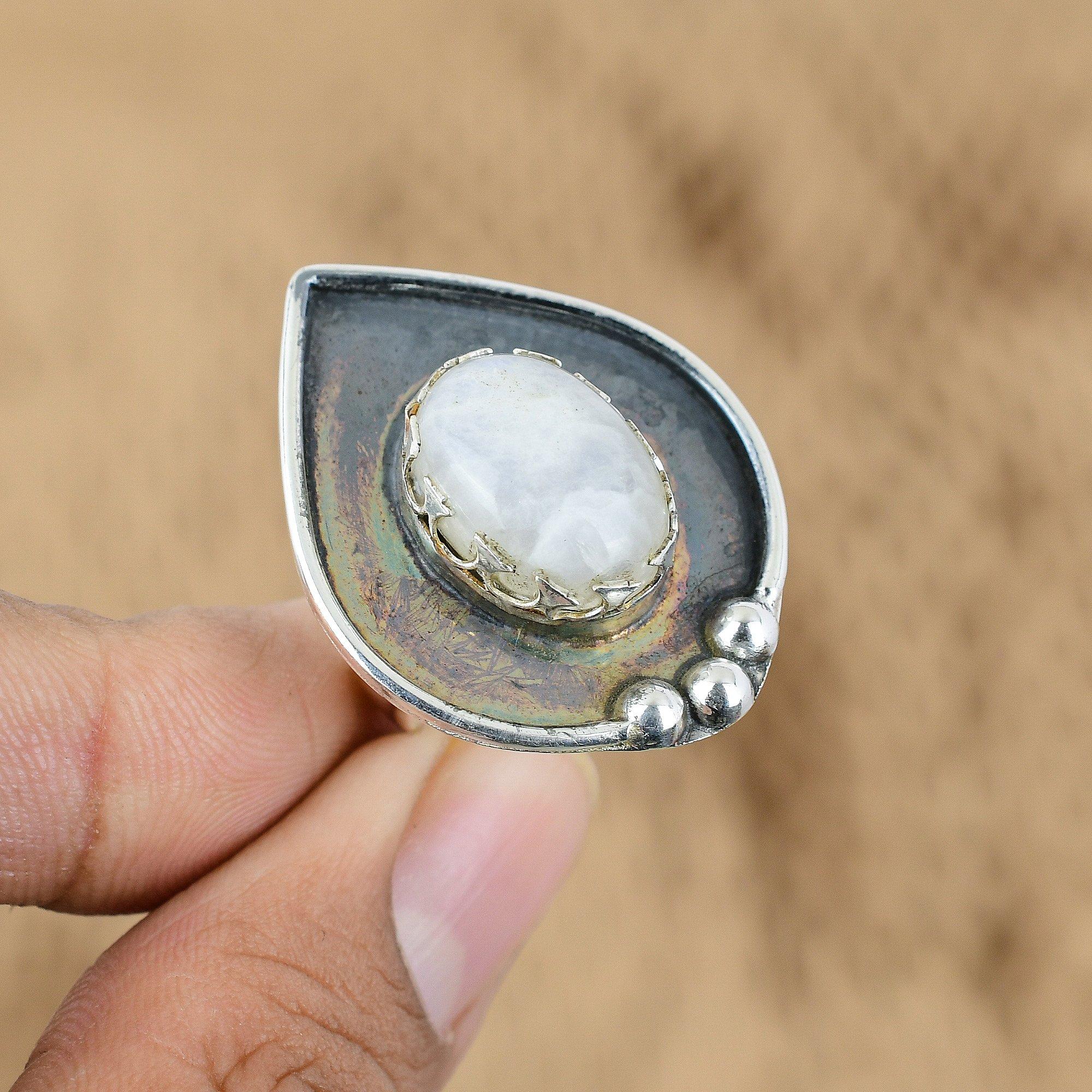 

Gift For Her Natural Rainbow Moonstone Promise Adjustable Ring 925 Silver Yes