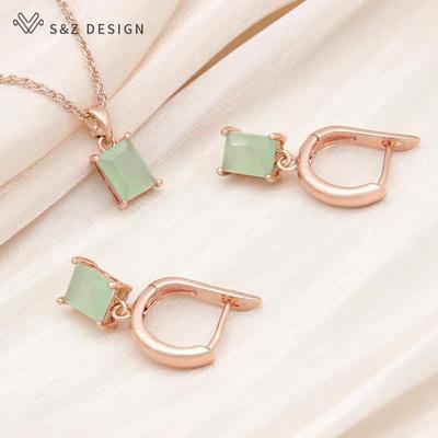 Fashion Rectangle Cubic Zirconia Drop Earrings Jewelry Sets For Women Rose Gold Color Wedding Pendant Necklace Gift