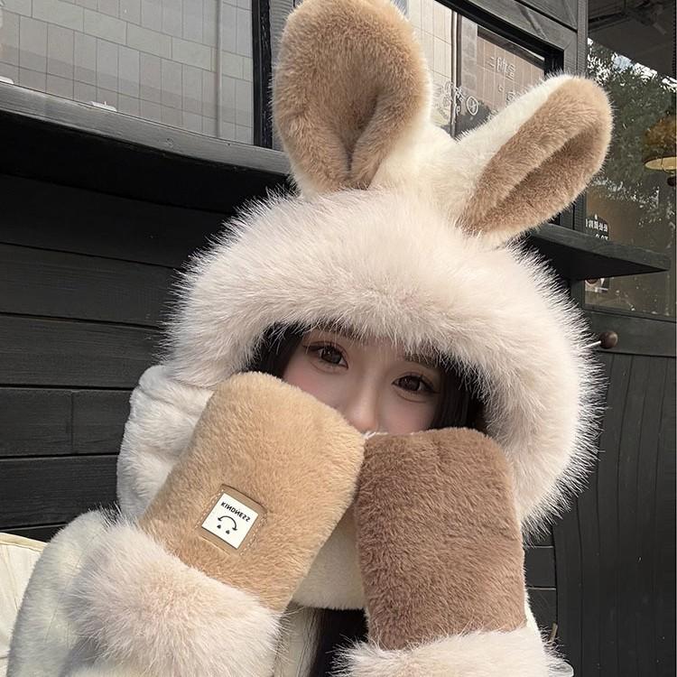 Rabbit Ears Hat Season Girl Scarf Gloves Integrated Hooded Scarf Cute Thickened Warm Plush Three-piece Set