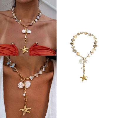 Shell Starfish Necklace Statement Necklace Starfish Pendant Necklace Exaggerated Neck Jewelry for Summer Beach Wear