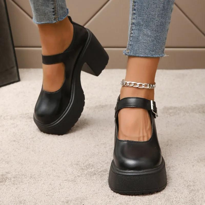 

Мода 2025 Новые Мэри Джейн Женские Туфли на Высоком Толстом Каблуке с Круглым Носком Большого Размера Модные Платье Туфли Женские Туфли на Платформе с Ремешком и Пряжкой 35 чёрный