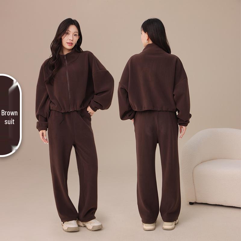Damen Herbst/Winter Korallenfleece Yoga Set: Zweiseitige Reißverschlussjacke & Warme Weitbeinige Hose