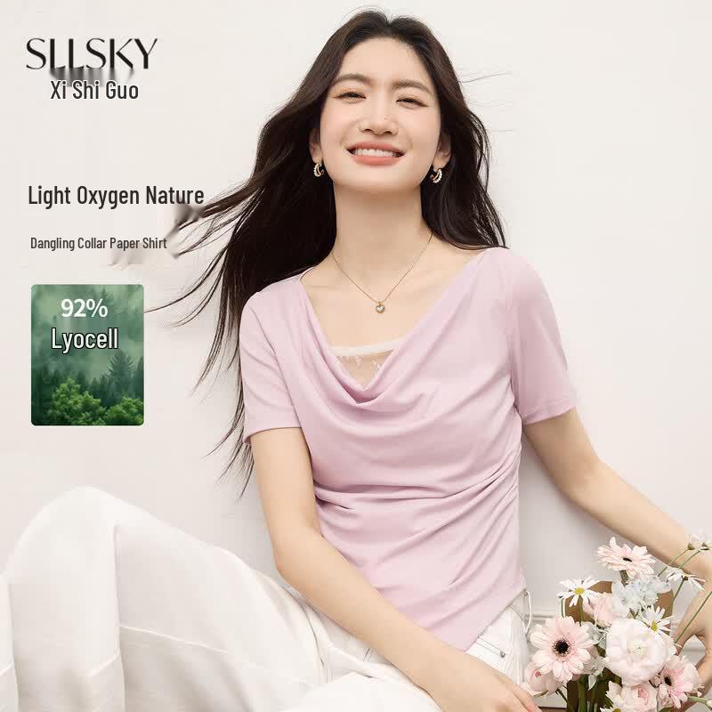 sllsky Women s Lyocell Tencel Cowl Neck Short Sleeve Top S