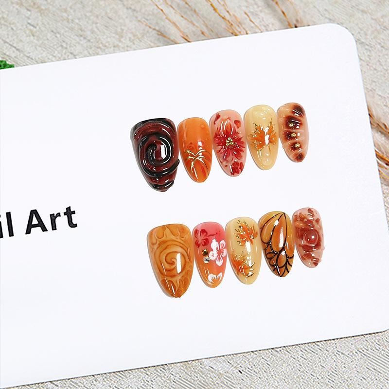 Autumn Caramel Maple Leaf Wear Nails Handmade Three-dimensional Carved Almond Nails Retro Smudged Finished Nail Art