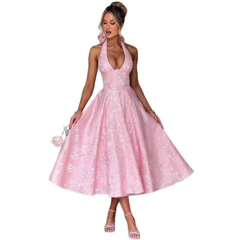 Sexy Elegant V Neck Halter High Waist A Line Long Evening Party Dress