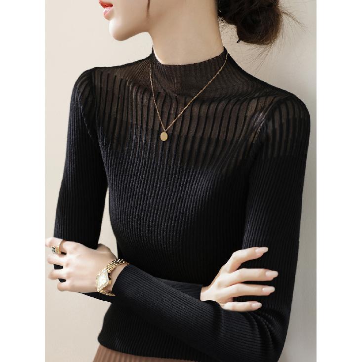 

Spring and Autumn Women s New High-End Lace Mesh Long-Sleeve Knit Turtleneck Base Shirt S чёрный