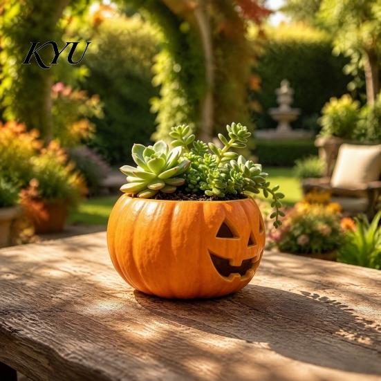 Decorative Pumpkin Container for Porch Patio Halloween Planter, Resin Jack-O-Lantern Flower Pot, Festive Ornament Entryway Plant Pot Succulents