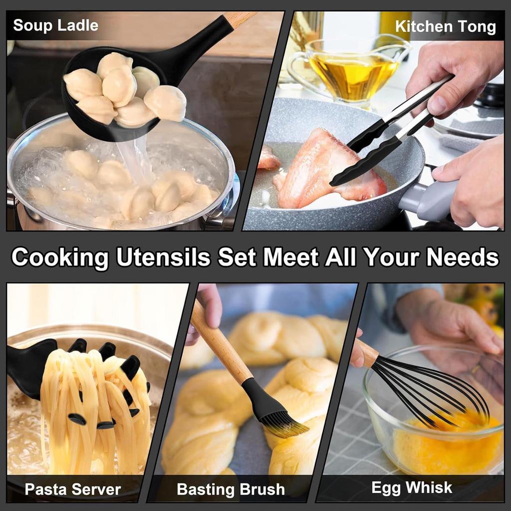 780g Silicone Kitchen Non-Stick 12-Piece Cookware Set with Wooden Handle Spatula Turner, Barrel Packaging