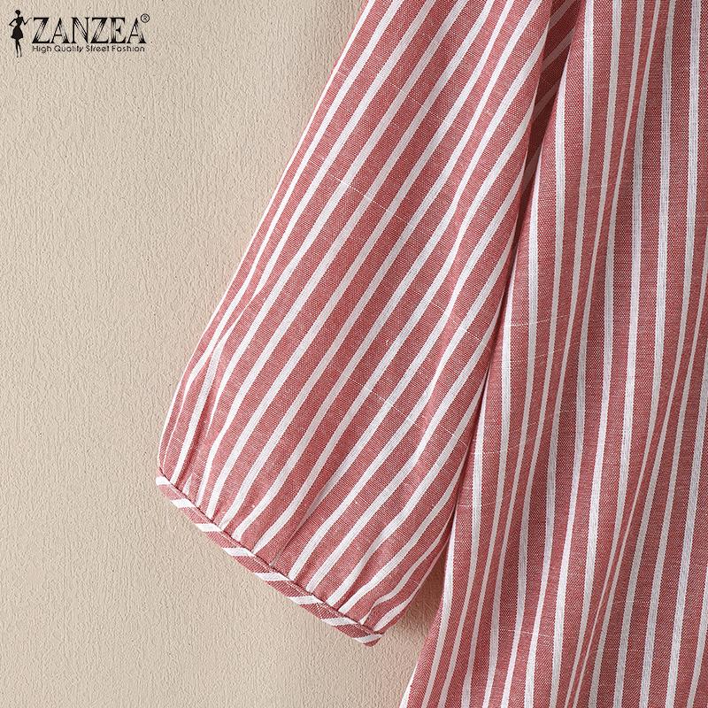 ZANZEA Womens Casual O-neck Loose Stripe 3/4 Sleeve Blouse