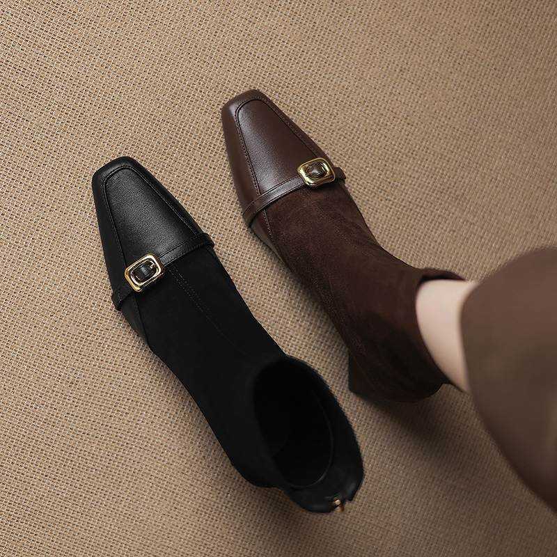 Krazing Pot Flock Cow Skin Square Toe Thick Heels Chelsea Boots Size 42 Beauty Lady Women Metal Buckle Ankle Boots