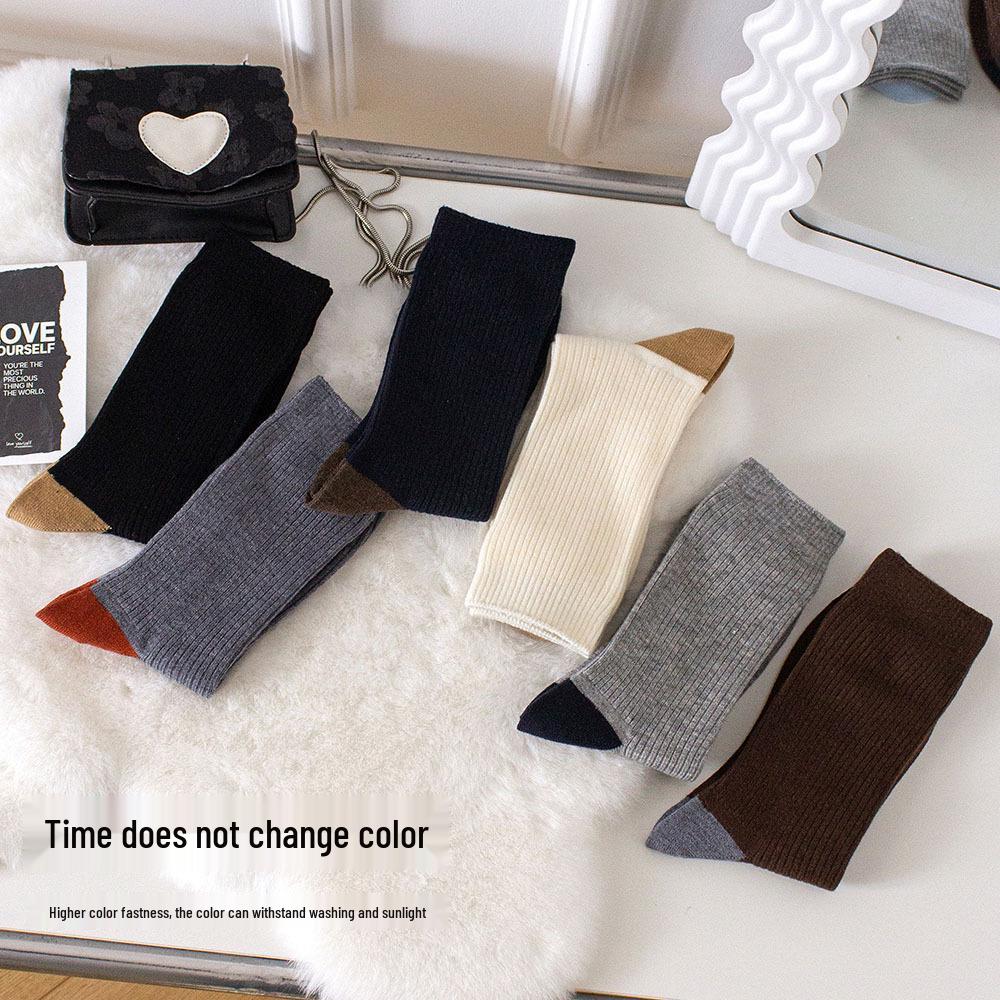 Women's Color Block Ribbed Cashmere Mid-Calf Socks - Warm & Stylish for Autumn/Winter