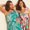 Women Spring Summer Strapless One-Shoulder Print Ankel-Length Dress V-neck High Waist