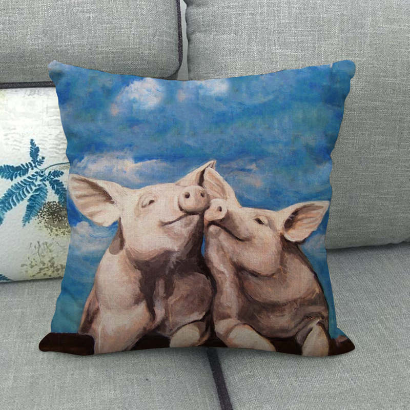 Retro Bemalte Schweine-Serie Muster Digitaldruck Kurzer Plüsch Kissenbezüge für Auto Sofa Büro Kissenbezug Heimtextilien