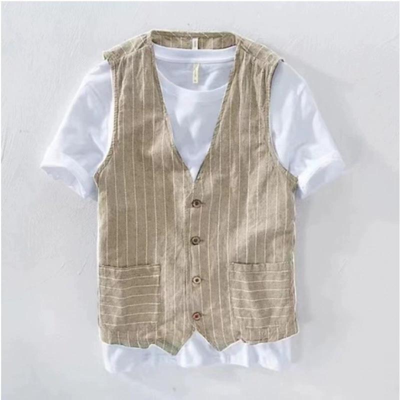 Męska letnia lniana kamizelka bez rękawów z dekoltem w serek codzienna cienka