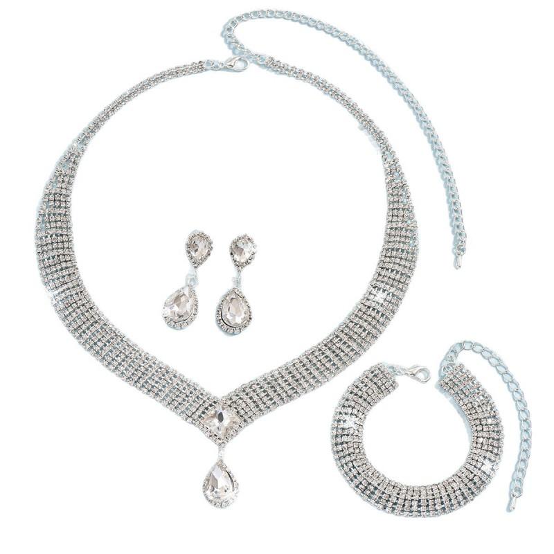 Waterdrop Crystal Pendant Necklace Set With Earrings Bracelet Women Formal Evening Wear